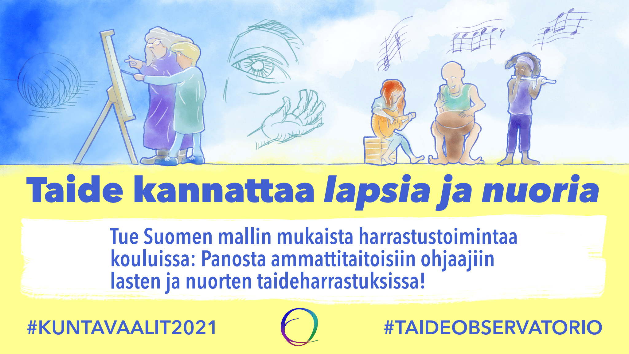 Piirroksessa kuvataideopettaja ja oppilas keskustelevat maalaustelineen äärellä. Vieressä kolme ihmistä soittavat yhdessä kitaralla, huilulla ja djembe-rummulla. Kuvassa teesi: Taide kannattaa lapsia ja nuoria. Tue Suomen mallin mukaista harrastustoimintaa kouluissa: Panosta ammattitaitoisiin ohjaajiin lasten ja nuorten taideharrastuksissa!